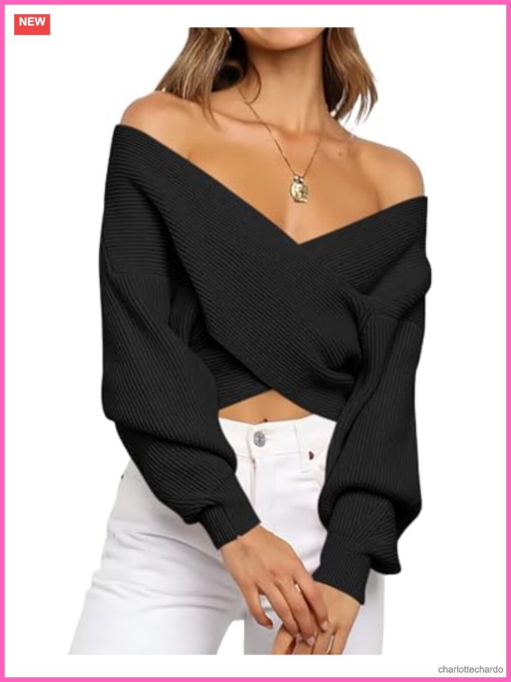 Off Shoulder Criss Cross Wrap V Neck Lantern Long Sleeve Pullover Sweater